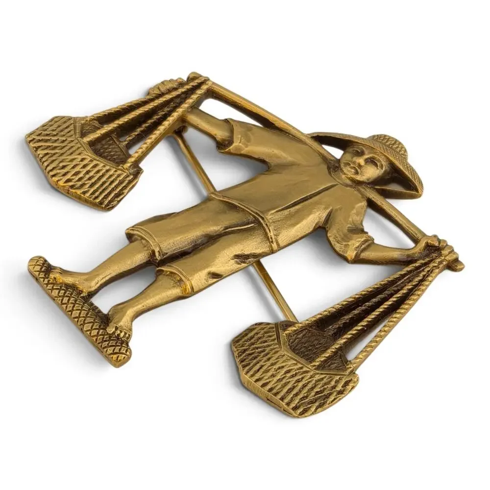 Vintage PEM Asian Figural Brooch Basket Carrier Gold Tone Signed